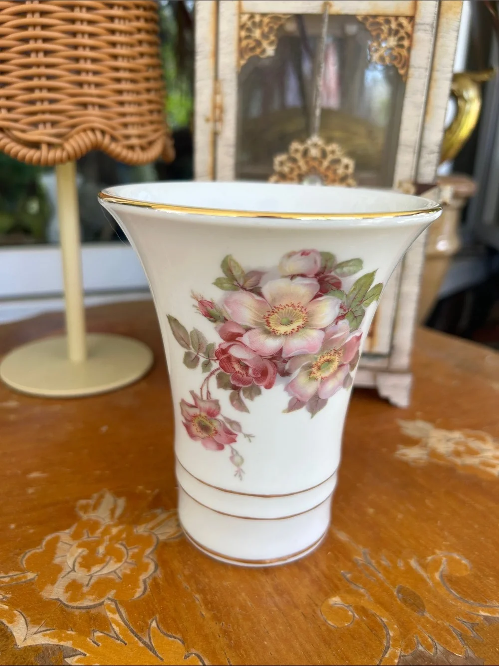 Porcelain Pink Floral Buds Vase with Gold Trim